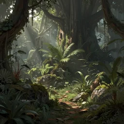a concept art illustration, fantasy biome undergrowth, style by dylan cole and feng zhu, matte painting, unreal engine, trending in artstation, octane render