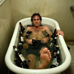 the top shot of the old dirty bathroom with old drunkard ( ( joaquin phoenix ) ) lying in cast iron bath filled with many empty beer bottles in the water, still frame from the movie of gaspar noe with cinematography of christopher doyle, anamorphic, kodak film, sharp focus, realistic, 8 k