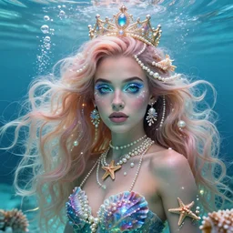 zoe kravitz portrait, fantasy, mermaid, hyperrealistic, game character, underwater, highly detailed, sharp focus, cinematic lighting, pearls, glowing hair, shells, gills, crown, water, highlights, starfish, jewelry, realistic, digital art, pastel, magic, fiction, ocean, king, colorful hair, sparkly eyes, fish, heroic, god, waves, bubbles, king