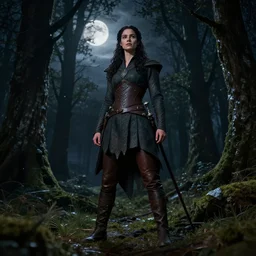 a beautiful tall celtic woman warrior with dark wavy hair wearing a tunic and leather pants in a beautiful irish forrest at night in the style of game of thrones, moonlight, full body portrait, hyper realistic, zbrush, epic perspective, octane render, volumetric light, cinematic lighting, cinematic detail, composition, photo realistic, render in unreal engine 5, 8 k render, ultra detailed technical precision, rule of third, dark epic scene, comic book style