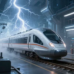 Massive futuristic Train,ultra,hyper,detailed, lightning,hyperdmensional,photojournalism,85MM,double-exposure
