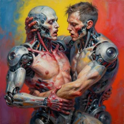 a ultradetailed painting by donato giancola and nikolay makovsky of a man trapped in a cyborg, pain pleasure fear terror love vibrant colors zbrush sharp focus