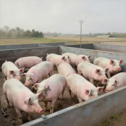 a pig farm, airbrush painting, desaturated, wide shot,