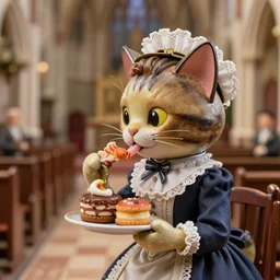 closeup profile portrait of a tin toy cat dressed as a victorian lady eating cakes in a church, nicoletta ceccoli, mark ryden, lostfish, max fleischer, depth of field, detailed and intricate environment, 8 k resolution, hyperrealistic, octane render