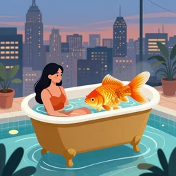 beautiful illustration of a woman and a giant gold fish inside an antique bathtub, bathtub is floating in a swimming pool, ny cityscape in the background, art station, evening lighting, contemporary illustration - h 7 6 8