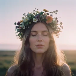 A analog head and shoulder frontal portrait photography of a woman wearing an intricate crown full of small flowers by Annie Leibovitz. Long hair. eyes closed. soft gradient pastel color background. Backlit. Kodak Color Plus 200 film. Icelandic mood. detailed. hq. realistic. Rembrandt light style. warm light. muted colors. lens flare. photoreal. Bloom and glare. Leica M9.