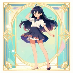 ( ( dither ) ), editorial illustration of a cute anime girl posing, dynamic pose, modern art deco, colorful, ( ( mads berg ) ), christopher balaskas, victo ngai, rich grainy texture, detailed, dynamic composition, wide angle, moebius, volumetric, last exile