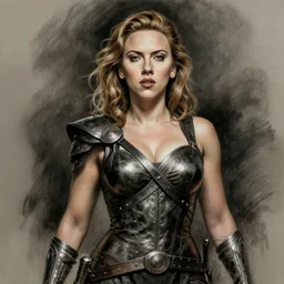 frank frazetta charcoal portrait of scarlett johansson warrior, full figure centered in portrait, 8 k, realistic, photo real, smooth, sharp, intricate detail, hyper detail, dramatic lighting, dramatic shading