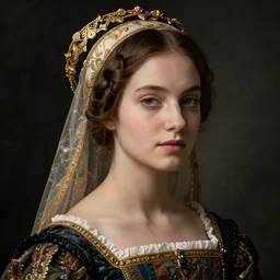 portrait of young woman in renaissance dress and renaissance headdress, art by edward weston