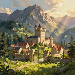 digital painting of a small castle town closed off by large metal gate, border, behind a forest, large mountains in back, concept art, low angle, high detail, warm lighting, volumetric, godrays, vivid, beautiful, trending on artstation, by Jordan grimmer, no focus, huge scene, grass, art greg rutkowski and alphonse mucha