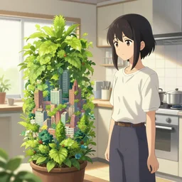 a woman standing in a kitchen next to a plant that contains a small and thriving city, a storybook illustration by senbon umishima, pixiv contest winner, magic realism, pixiv, official art, anime aesthetic