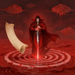 sacred vampire, red sea, sword attack, acanthus scroll, ceremonial clouds, dripping paint, fibonacci rhythm, artstation, art germ, wlop, karol bak, christopher balaskas, ross tran