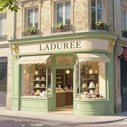 exterior of sweets and cake shop in paris inspired by laduree, natural lighting, wide angle, dreamy and soft colors, intricate details, matte painting, illustration, by hayao miyazaki
