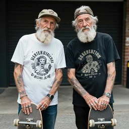 portrait photo still of old senior retired hipsters with tattoos piercings skateboards, 8 k, 8 5 mm f 1. 8