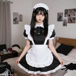goth girl in a maid outfit, cluttered bedroom, 2 0 0 6