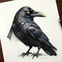 realistic tattoo designs drawn on paper, mutant raven, dark, golden, delicate, hyper realism, tim burton, ink, ultra realistic, 8 k