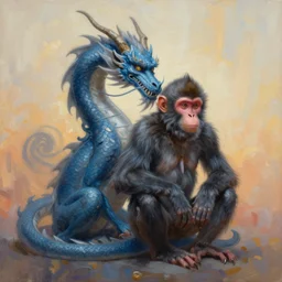 painting of hybrid between dragon & monkey, intercrossed animal, mixture animal, by tiffany bozic, by zdzislaw beksinski, cold hue's, warm tone gradient background, concept art, beautiful composition, digital painting