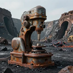 a chrome drilling machine visiting the asphalt mines, retro - futuristic, science - fantasy, hills, abandoned, ancient tribe, deep shafts, rusted, black oil, lava, lgbt, queer, rpg, epic, dungeons & dragons, sacred, sharp focus, award - winning, extremely detailed, 4 k, 8 k