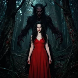 ivan aivazovsky, full body, pretty alyson hannigan, evil dead demon, evil dead movie, red dress, symmetrical eyes, symmetrical face, long curly black hair, trees, forest, branches, cinematic lighting, evil dead creature, scary, blood