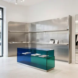 retail store, minimal, stainless steel and color glass, rounding edge, frame magazine, archidaily