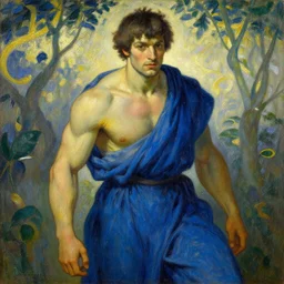 A man wearing blue clothes, muscular, fantasy, painting by greg rutkowski and alphonse mucha