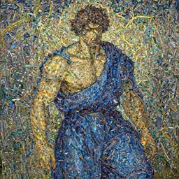 A man wearing blue clothes, muscular, fantasy, painting by greg rutkowski and alphonse mucha