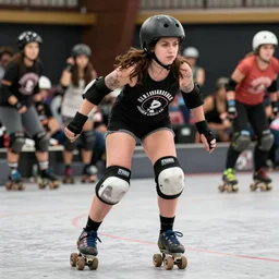 hip goth chick as roller derby girl portrait, logo, wearing skating helmet, wearing knee and elbow pads, dynamic skating, Philippe Caza