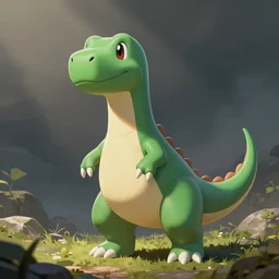 a green anthropomorphic dinosaur in the style of pokemon, adorable and whimsical, fantasy, elegant, digital painting, artstation, unreal engine, octane render, concept art, matte, sharp focus, high contrast, illustration, art by justin gerard