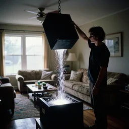 backlit photograph of black box pouring energy into suburban living room, single silhouette figure, crisp focus, 3 5 mm ektachrome