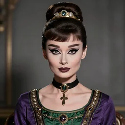 in the style of peter mohrbacher, artgerm, beautiful audrey hepburn, steampunk, elegant pose, middle shot, spooky, symmetrical face symmetrical eyes, three point lighting, detailed realistic eyes, short neck, purple and green top clothing, insanely detailed and intricate elegant