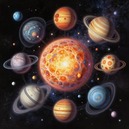 psychedelic solar system in deep space, symmetrical, detailed, by dan seagrave art and moebius
