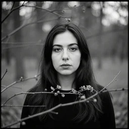 fine art portrait photography of woman with branches of tree. black and white. ilford delta. leica mp