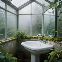 photograph of a traditional bathroom in a greenhouse, misty, soft reflections, glass windows, plants, moss, highly detailed, photorealistic, atmospheric, sharp focus, professional photo