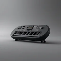 distant shot render matte black rounded tech electronic musical instrument, centered on studio gray background, all black design by james dyson, greg rutkowsk, jonathan ive, braun design, black keys, technologic design, octane engine render, detailed product concept unreal engine 6 render