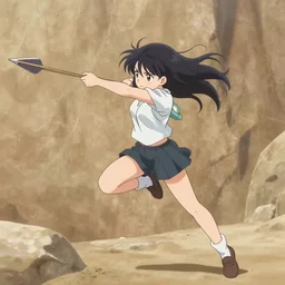 “an action shot of an anime girl dodging an arrow attack midair, anime style, sandstone background”