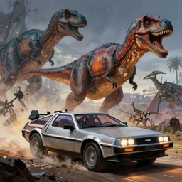 an epic comic book style painting of the delorean from back to the future in prehistoric times, dinosaurs, trending on artstation, dynamic lighting