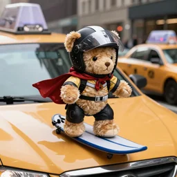A teddy bear wearing a motorcycle helmet and cape car surfing on a taxi cab in New York City. dslr photo.