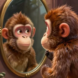 lofi monkey in front of a mirror, reflecting the expression of a human face, Pixar style by Tristan Eaton Stanley Artgerm and Tom Bagshaw, high detail