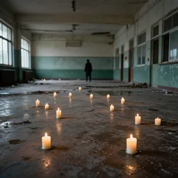 an abandoned school, candles on floor, puddles of water, dark figure in the distance, photorealistic