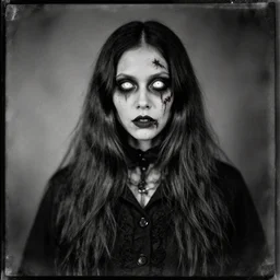 eery evil ghost girl with long hair, big wound on face, scary bright eyes, black clothes, horrorific, old tintype photo,