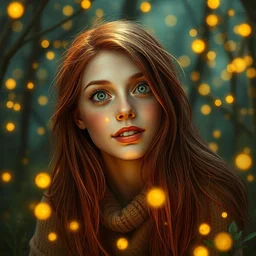an amazed ayoung woman surrounded by golden firefly lights in a mesmerizing scene, sitting amidst nature fully covered, long loose red hair, precise linework, accurate green eyes, small nose with freckles, smooth oval shape face, empathic, bright smile, expressive emotions, hyper realistic ultrafine art by artemisia gentileschi, jessica rossier, boris vallejo