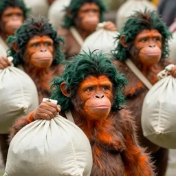 oompa loompas with orange skin and dark green hair carrying body bags, close up faces