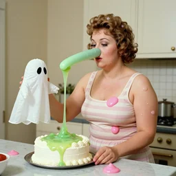 1976 a curvy woman vintage kitchen baking a cake wearing an inflatable long prosthetic snout nose made of gooey green slime, has growths of inflatable plastic on her skin, soft color wearing stripes, pink slime everywhere, light beige polka-dot walls, studio lighting 1976 color film archival footage holding a hand puppet that looks like Caspar the Friendly Ghost, 16mm Russ Meyer John Waters Almodovar Doris Wishman