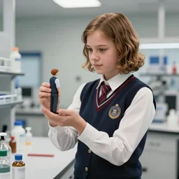 a laboratory, ( ( ( ( ( katniss everdeen ) ) ) ) ) as a student, wearing a school uniform, is holding a tiny person, digital art, greg rutkowski, artstation
