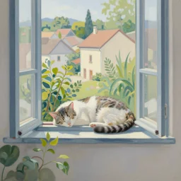 sleeping cat on window, inside house in village, plants, gentle colours, light colours, divisionism and pointillism style