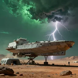 a cinematic portrait of a cargo starship, landing in a mars base, green clouds and lightning storm, ridley scott and zack snyder, 8 k, hd, high resolution, 8 5 mm, f / 1. 8