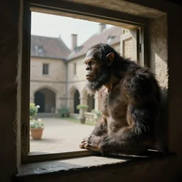 an ogre looks out of a window onto a courtyard, robin jacques