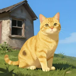 golden cat with a black spot on her trunk, an old house with a window over a hill, blue sky, trending on artstation, trending on deviantart