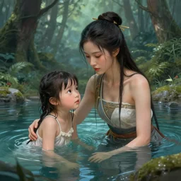 a girl warrior and her daughter bathing in a magical pond by ross tran, forest, fantasy, artwork, highly detailed faces