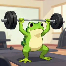 A frog lifting weights at the gym, digital art, artstation, WLOP, CGSociety, Mandy Jurgens